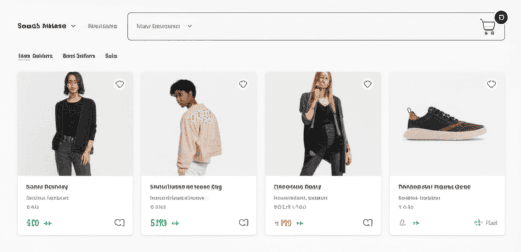 E-commerce platform interface with product and dashboard views