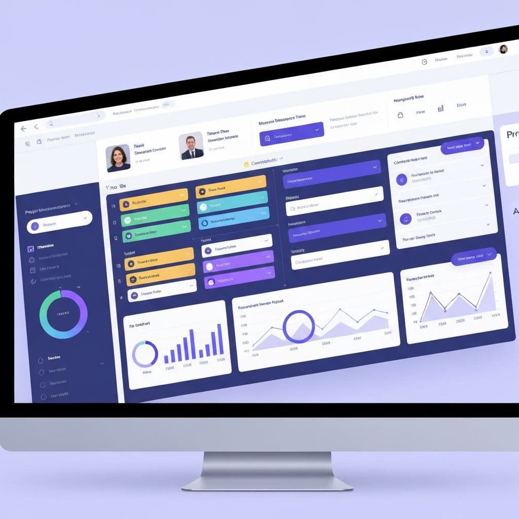 Project management tool interface with workflow cards and charts